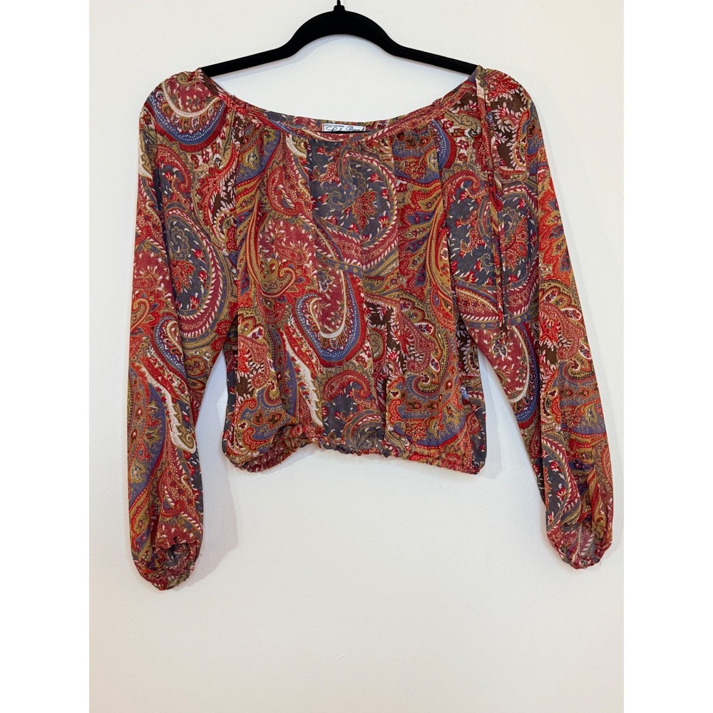 Lucky Brand Womens XS Paisley Crop Top Red Boho Off Shoulder Blouse 8WW9911